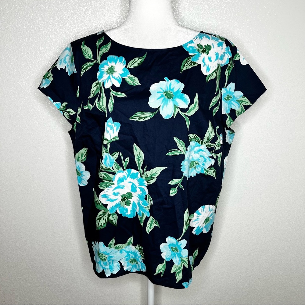 Talbots Womens Navy Floral Tropical Short Sleeve Top 100% Cotton Size XL EUC